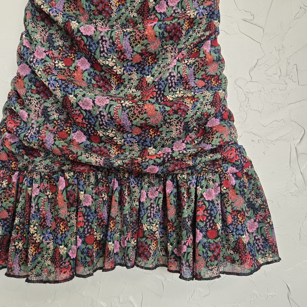Lulu's Floral Mesh Ruched Green Pink Dress, M - Picture 4 of 14